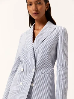 Clearance Double-Breasted Suit Blazer In Cotton Blend Striped Seersucker MULHER Blazers