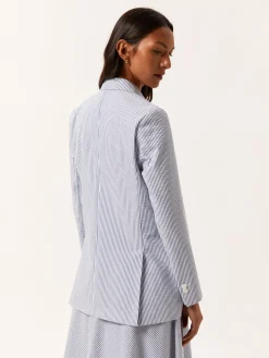 Clearance Double-Breasted Suit Blazer In Cotton Blend Striped Seersucker MULHER Blazers