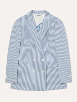 Clearance Double-Breasted Suit Blazer In Cotton Blend Striped Seersucker MULHER Blazers