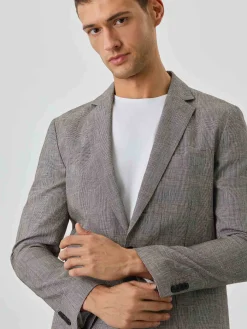 Outlet Half-Canvas Checks Blazer With Patch Pockets In Linen Blazers