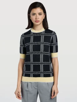 Hot Jacquard Knit Short Sleeve Sweater MULHER Camisolas