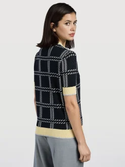 Hot Jacquard Knit Short Sleeve Sweater MULHER Camisolas