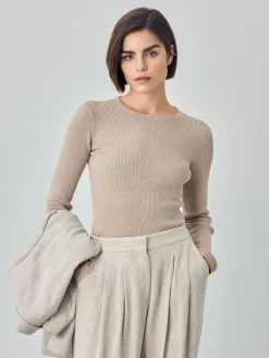 Hot Long Sleeve Rib Knit Sweater In Viscose Blend MULHER Camisolas