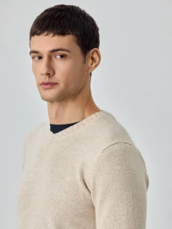 New Machine Washable V-Neck Sweater With Long Sleeves In Lambswool Camisolas