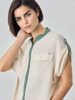 Clearance Mao Open Collar Blouse In Rayon Rustic Fabric MULHER Blusas