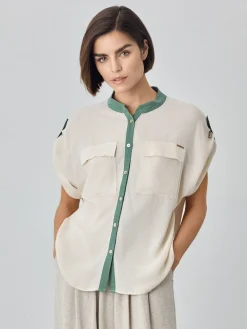 Clearance Mao Open Collar Blouse In Rayon Rustic Fabric MULHER Blusas