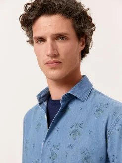 New Slim Fit Denim Printed Shirt with Open Collar Camisas Casuais