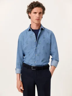 New Slim Fit Denim Printed Shirt with Open Collar Camisas Casuais