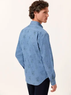 New Slim Fit Denim Printed Shirt with Open Collar Camisas Casuais