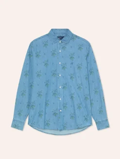 New Slim Fit Denim Printed Shirt with Open Collar Camisas Casuais
