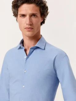 Clearance Slim Fit Mélange Cotton Shirt with Open Collar Camisas Casuais