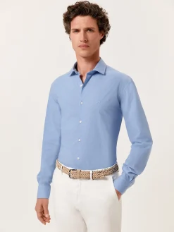 Clearance Slim Fit Mélange Cotton Shirt with Open Collar Camisas Casuais