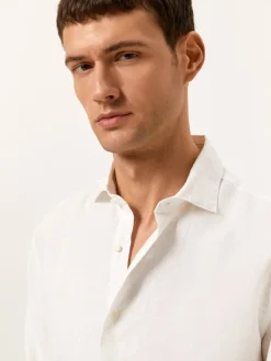 New Slim Fit Open Shirt in 100% Linen Camisas Casuais|Camisas Casuais