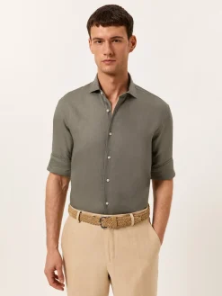Slim Fit Open Shirt in 100% Linen Camisas Casuais|Camisas Casuais