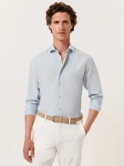 New Slim Fit Overdye Poplin Shirt with Open Collar Camisas Casuais