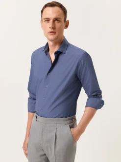 New Slim Fit Overdye Poplin Shirt with Open Collar Camisas Casuais