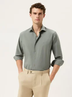Best Slim Fit Overdye Poplin Shirt With Open Collar Camisas Casuais