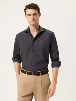 Best Slim Fit Overdye Poplin Shirt With Open Collar Camisas Casuais