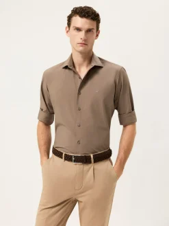 Best Slim Fit Overdye Poplin Shirt With Open Collar Camisas Casuais