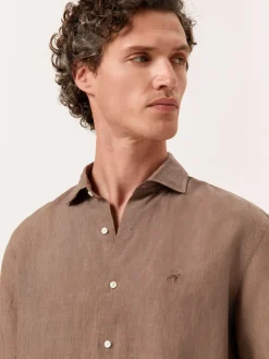 Slim Fit Plain Linen Shirt with Open Collar Camisas Casuais