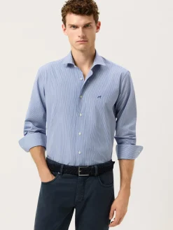 Online Slim Fit 120’s Cotton Shirt With Refined Stripe Pattern Camisas Casuais