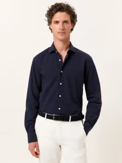 Clearance Slim Fit Seersucker Shirt in Cotton Elastane with Open Collar Camisas Casuais