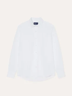 Online Slim Fit Seersucker Shirt in Cotton Elastane with Open Collar Camisas Casuais