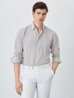 Online Slim Fit Shirt With Button Down Collar In Cotton-linen Blend With Stripes Camisas Casuais