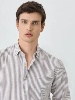 Online Slim Fit Shirt With Button Down Collar In Cotton-linen Blend With Stripes Camisas Casuais