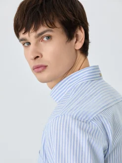 Clearance Slim Fit Shirt With Chest Pocket In Cotton-linen Blend With Stripes Camisas Casuais