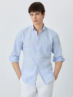 Clearance Slim Fit Shirt With Chest Pocket In Cotton-linen Blend With Stripes Camisas Casuais
