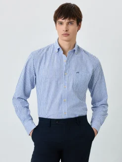 Discount Slim Fit Shirt With Chest Pocket In Cotton-linen Blend With Stripes Camisas Casuais