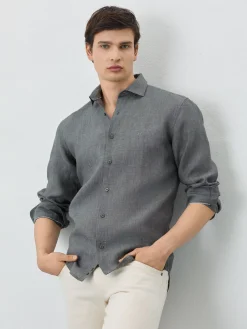 Sale Slim Fit Shirt With Open Collar In Linen Camisas Casuais
