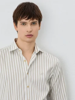 New Slim Fit Shirt With Open Collar In BCI Cotton With Stripes Camisas Casuais
