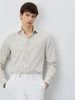 New Slim Fit Shirt With Open Collar In BCI Cotton With Stripes Camisas Casuais