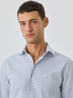 Clearance Slim Fit Shirt With Open Collar In BCI Cotton With Checks Camisas Casuais
