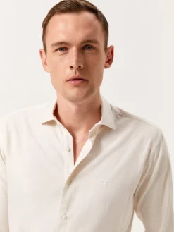 Discount Slim Fit Slub Mélange Cotton Twill Shirt with Open Collar Camisas Casuais