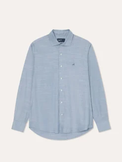 Discount Slim Fit Slub Mélange Cotton Twill Shirt with Open Collar Camisas Casuais