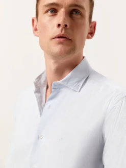 Online Slim Fit Striped Seersucker Shirt in Cotton Elastane with Open Collar Camisas Casuais