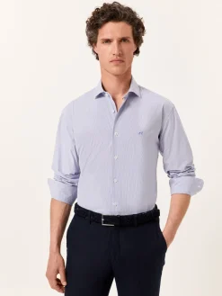 Sale Slim Fit Striped Seersucker Shirt in Cotton Elastane with Open Collar Camisas Casuais