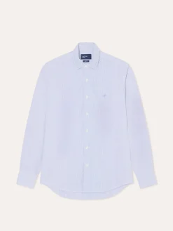 Sale Slim Fit Striped Seersucker Shirt in Cotton Elastane with Open Collar Camisas Casuais