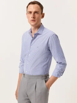 Sale Slim Fit Striped Seersucker Shirt in Cotton Elastane with Open Collar Camisas Casuais