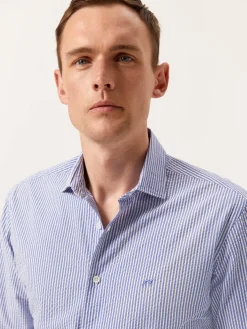 Sale Slim Fit Striped Seersucker Shirt in Cotton Elastane with Open Collar Camisas Casuais