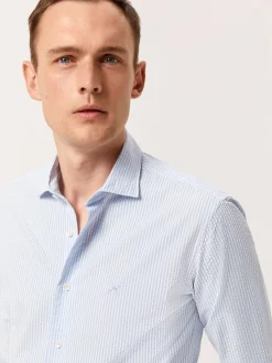 Sale Slim Fit Striped Seersucker Shirt in Cotton Elastane with Open Collar Camisas Casuais