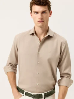 Discount Slim Fit Structured Cotton Shirt With Garment-Dyed Finish Camisas Casuais
