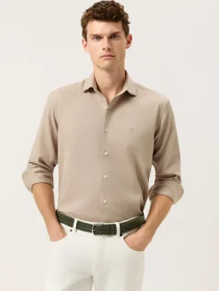 Discount Slim Fit Structured Cotton Shirt With Garment-Dyed Finish Camisas Casuais