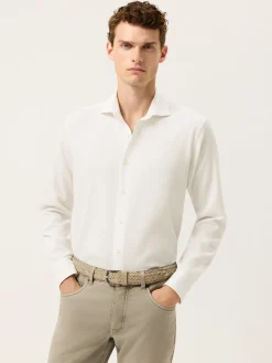 Discount Slim Fit Structured Cotton Shirt With Garment-Dyed Finish Camisas Casuais