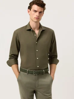 Discount Slim Fit Structured Cotton Shirt With Garment-Dyed Finish Camisas Casuais