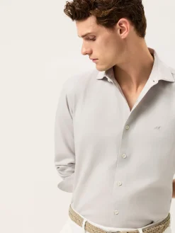 Discount Slim Fit Structured Cotton Shirt With Garment-Dyed Finish Camisas Casuais