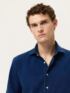 Online Slim Fit Structured Cotton Denim Shirt With Newport Collar Camisas Casuais